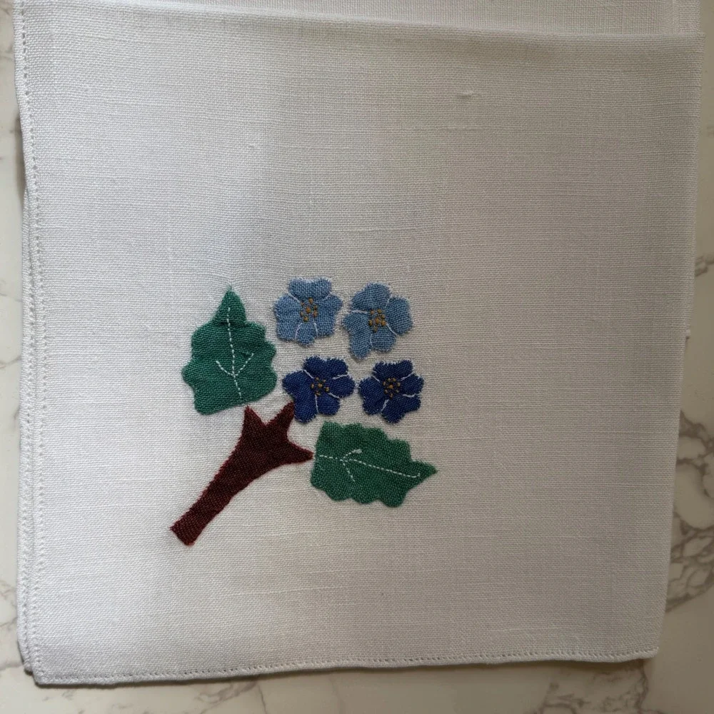 Vintage Set of 12 White Linen Napkins Blue Floral Hand Embroidered 11x11 Square